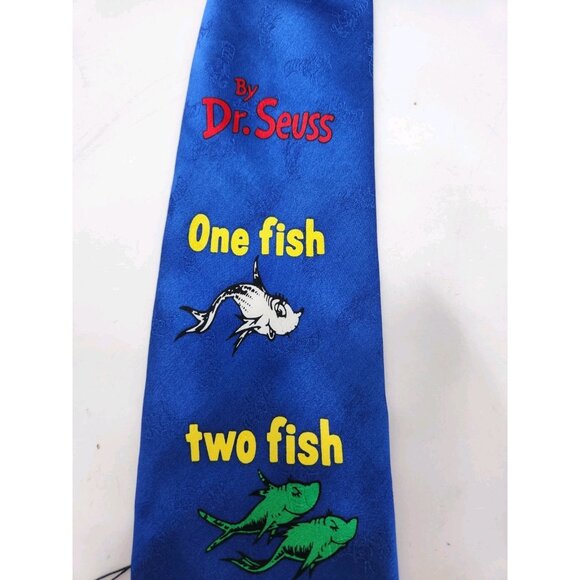 Dr. Seuss One Fish Two Fish Red Fish Blue Fish Necktie 1997 Silk W4"X L58" Vtg - Picture 4 of 12